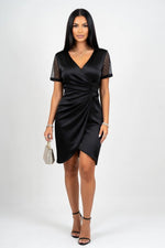 V-Neck Mesh Flocked Mini Dress — Black