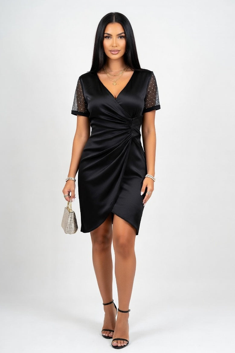 V-Neck Mesh Flocked Mini Dress — Black