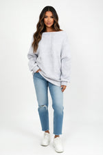 Off-Shoulder Drawstring Sweatshirt — Light Grey