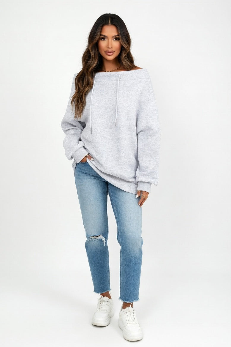 Off-Shoulder Drawstring Sweatshirt — Light Grey