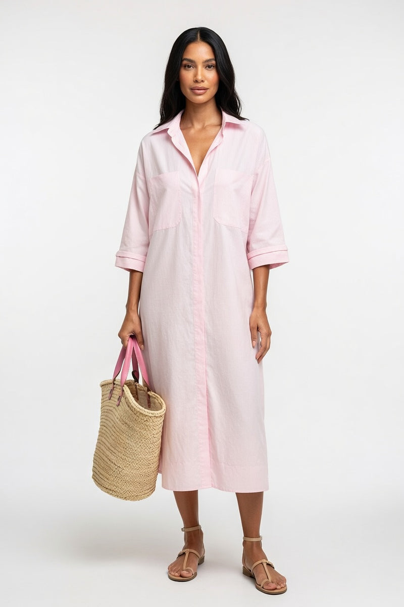Striped Shirt Dress — Pink