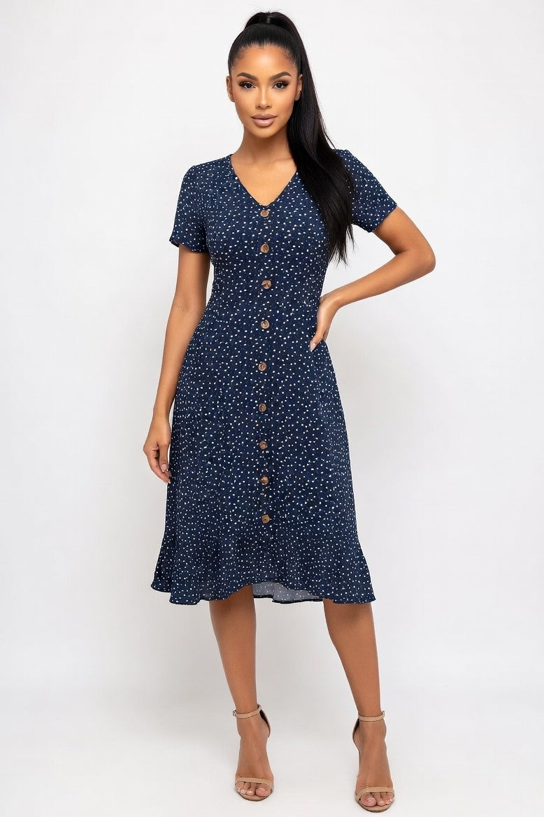 Polka Dot V-Neck Shirt Dress — Navy Blue