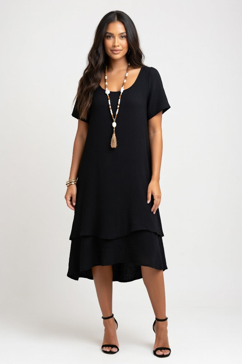 Double Layer Cotton Linen Dress — Black