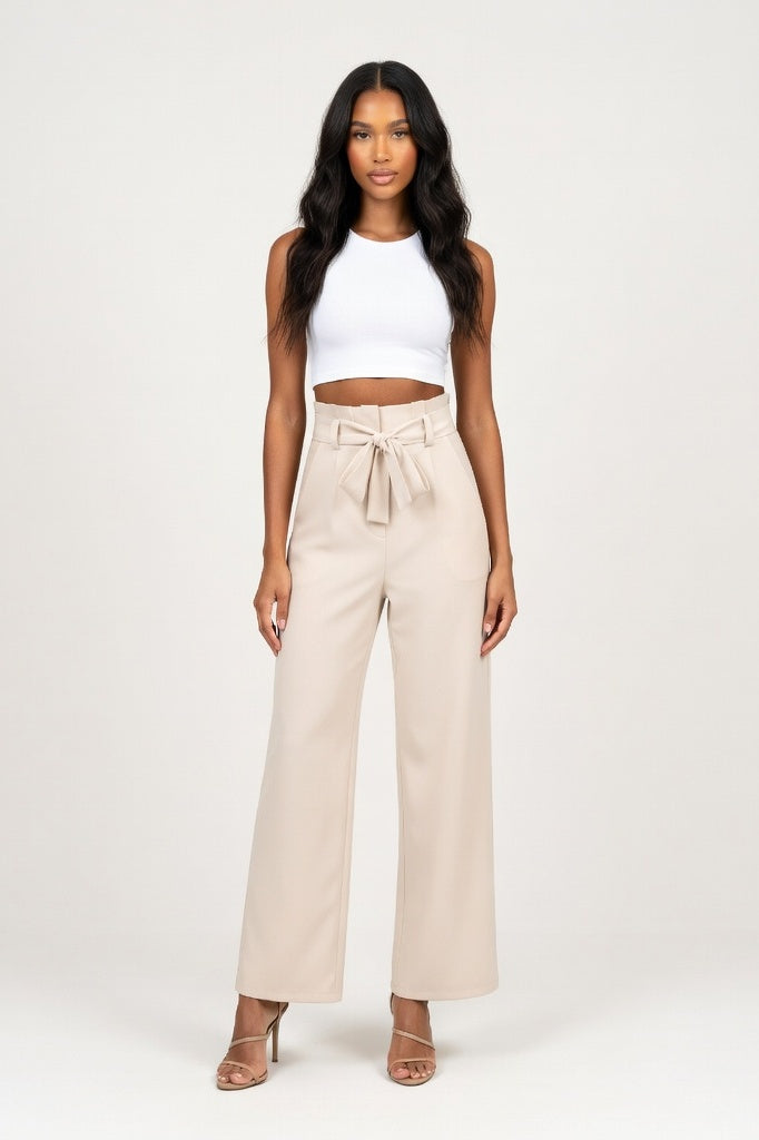Wide Leg Trousers with Belt — Apricot
