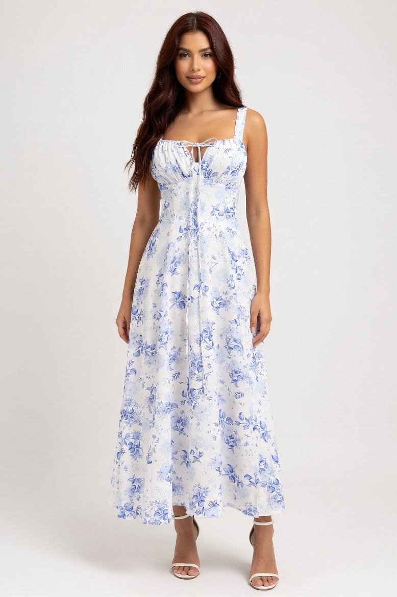 Printed Halter Maxi Dress — Blue Floral