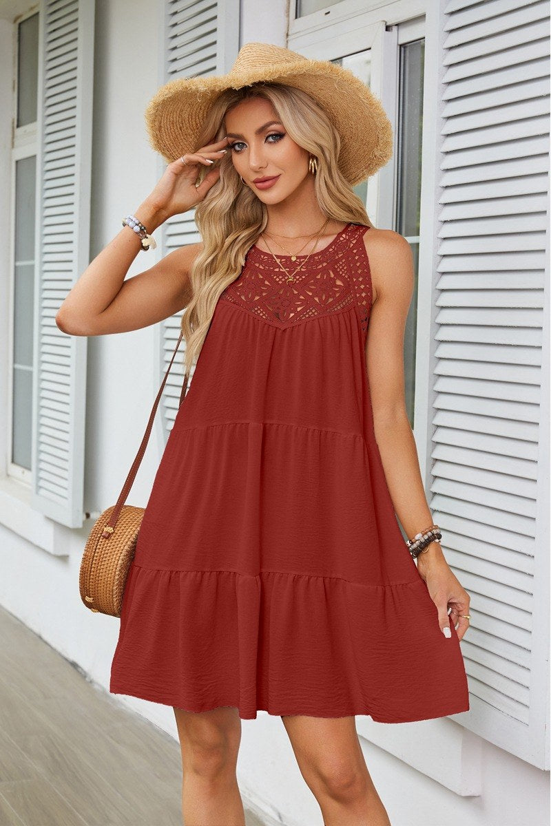 Lace Halterneck A-Line Dress — Brick Red — colour variant