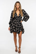 Printed Pleated V-Neck Dress — Black
