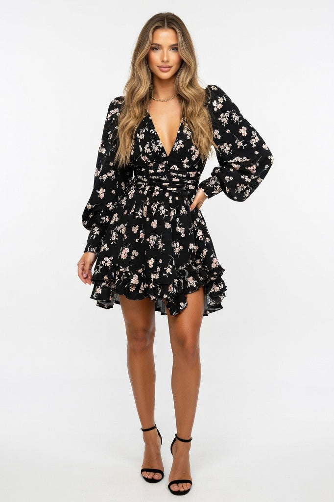 Printed Pleated V-Neck Dress — Black