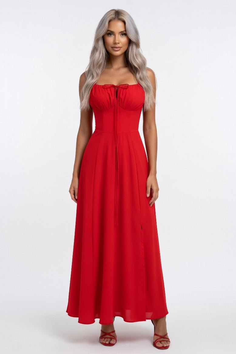 Cross-Back Print Maxi Dress — Red