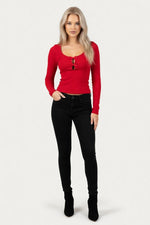 Ribbed Bow Detail Long Sleeve Top — front view