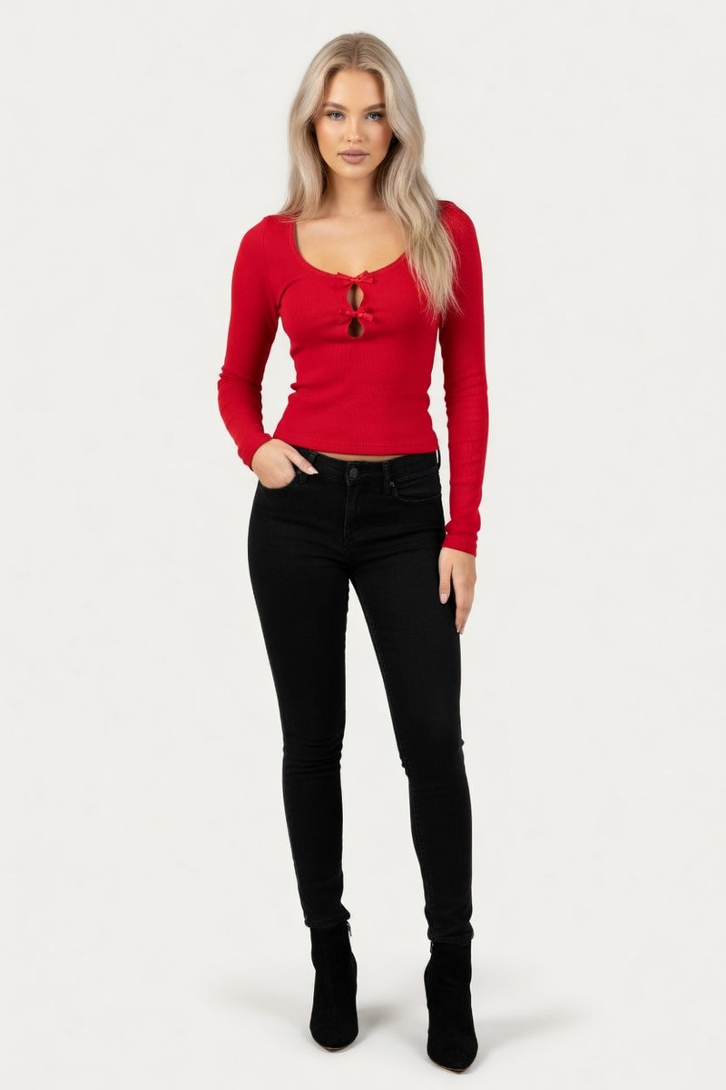Ribbed Bow Detail Long Sleeve Top — front view