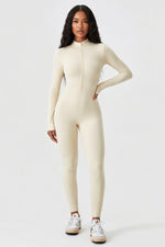 High-Neck Zip Bodysuit — Oat Beige