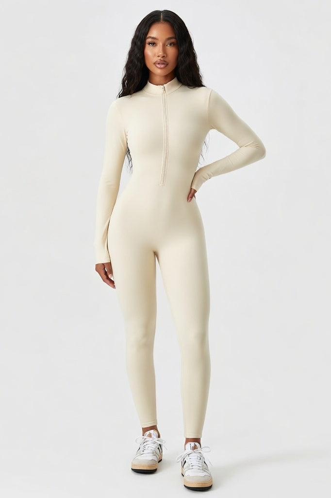 High-Neck Zip Bodysuit — Oat Beige