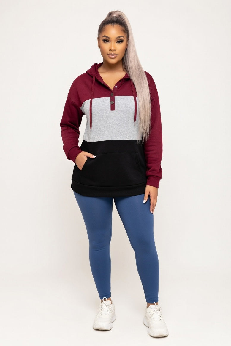 Button Detail Hooded Sweatshirt — Red
