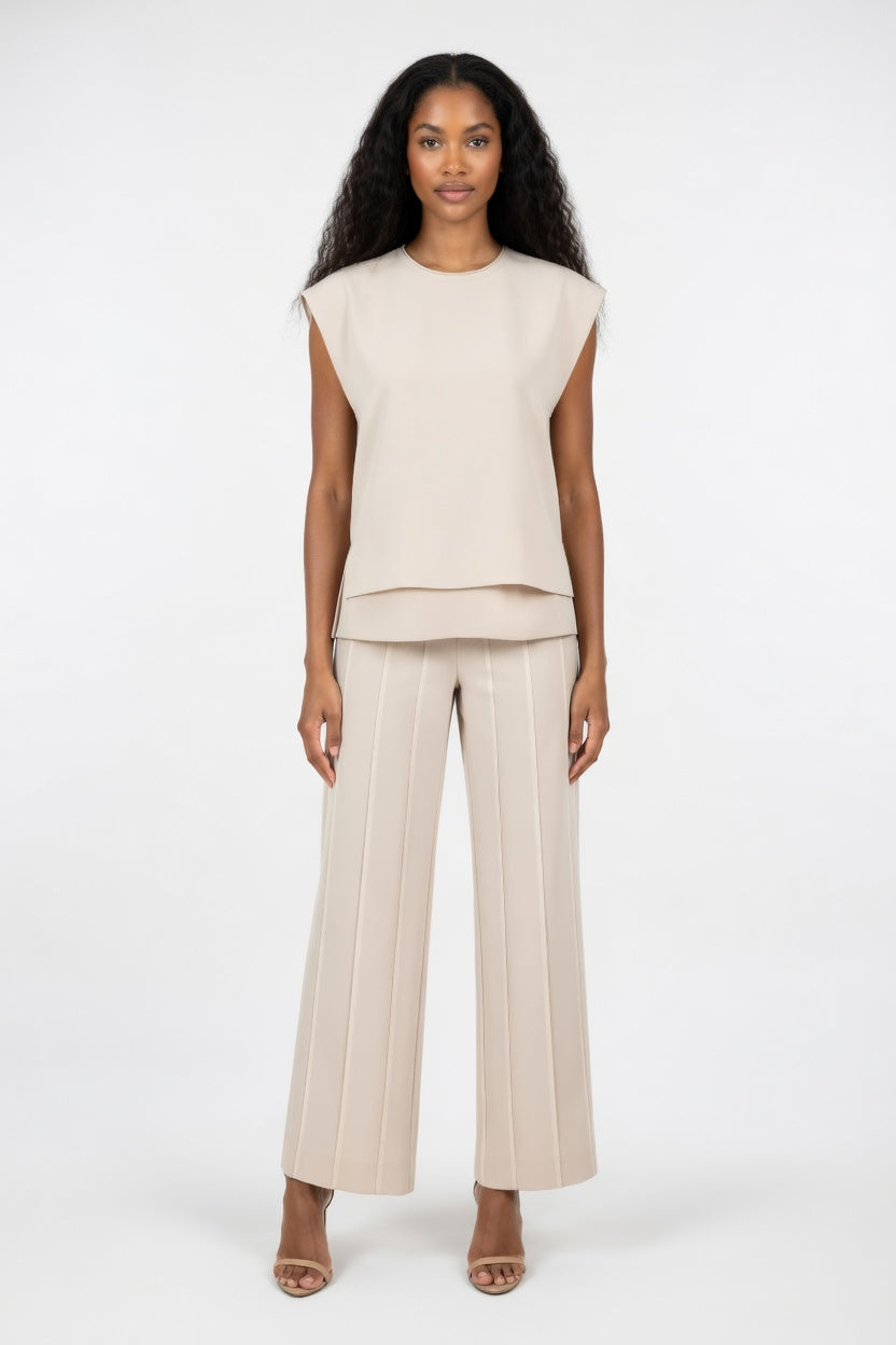 Knitted Co-ord Set Sleeveless Vest + Wide Leg Trousers — Lotus Pink