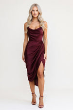 Satin Slit Midi Dress — Burgundy