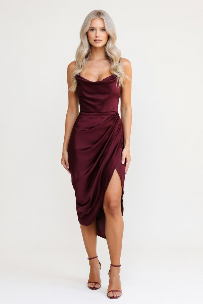 Satin Slit Midi Dress — Burgundy