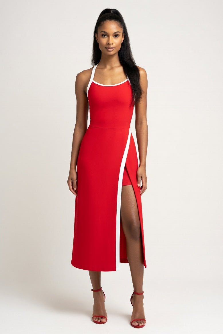 Backless Slit Mini Dress with Contrast Shorts — Red
