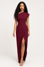 One Shoulder Split Dress — Burgundy