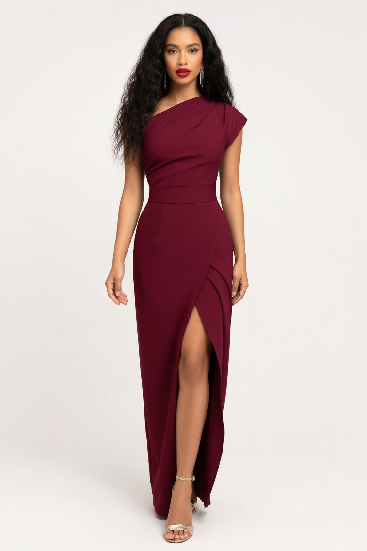One Shoulder Split Dress — Burgundy
