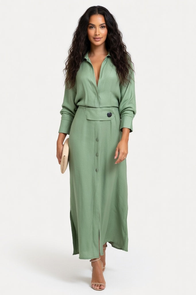 V-Neck Shirt Dress — Green