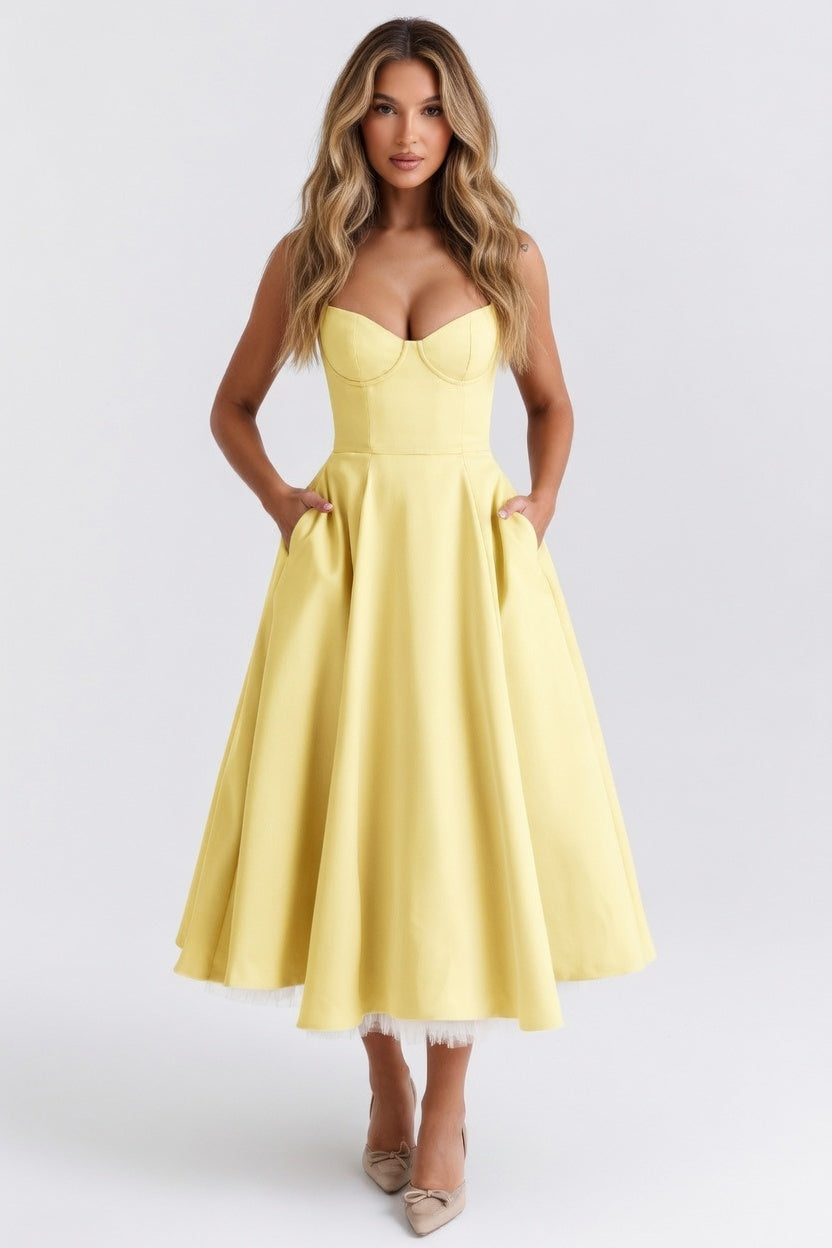 Mesh Double Layer Halter Dress — Yellow