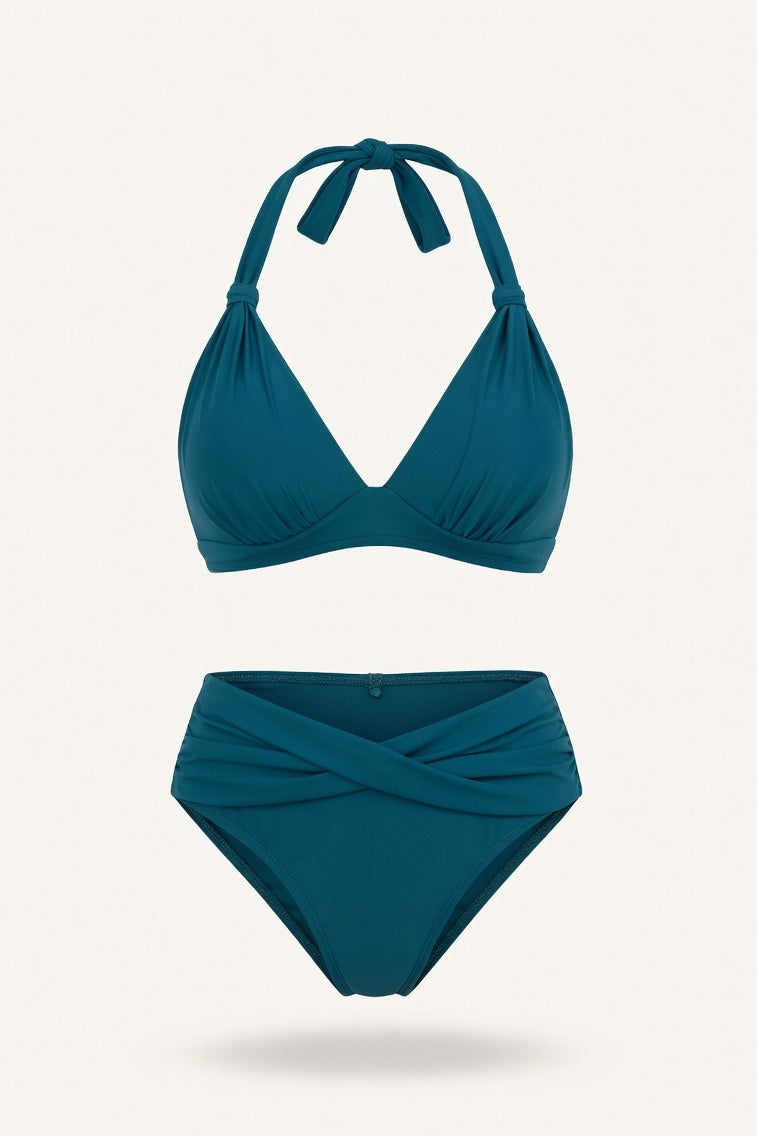 Halter Push-Up Split Swimsuit — Peacock Blue