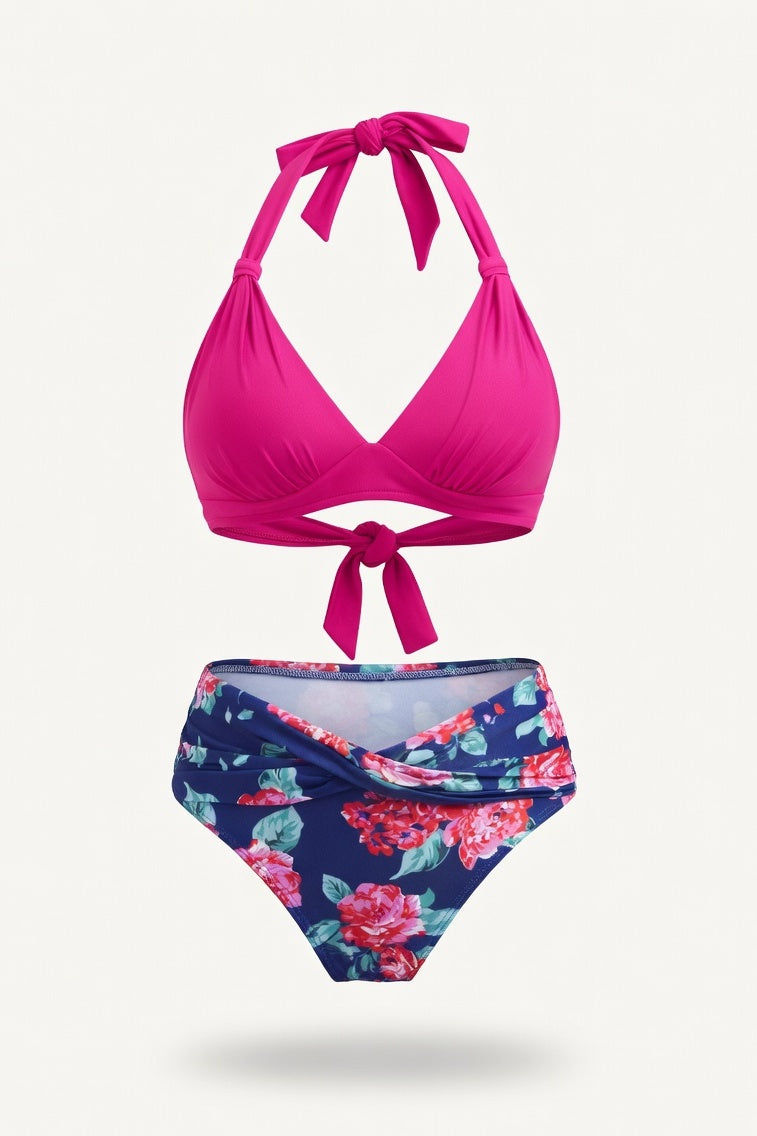 Halter Push-Up Split Swimsuit — Rose Red