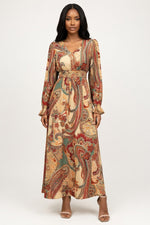 Printed V-Neck Swing Dress — Light Brown