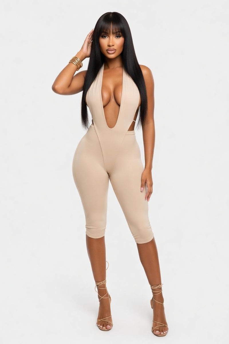 Plunge Neck Bodycon Jumpsuit — front view