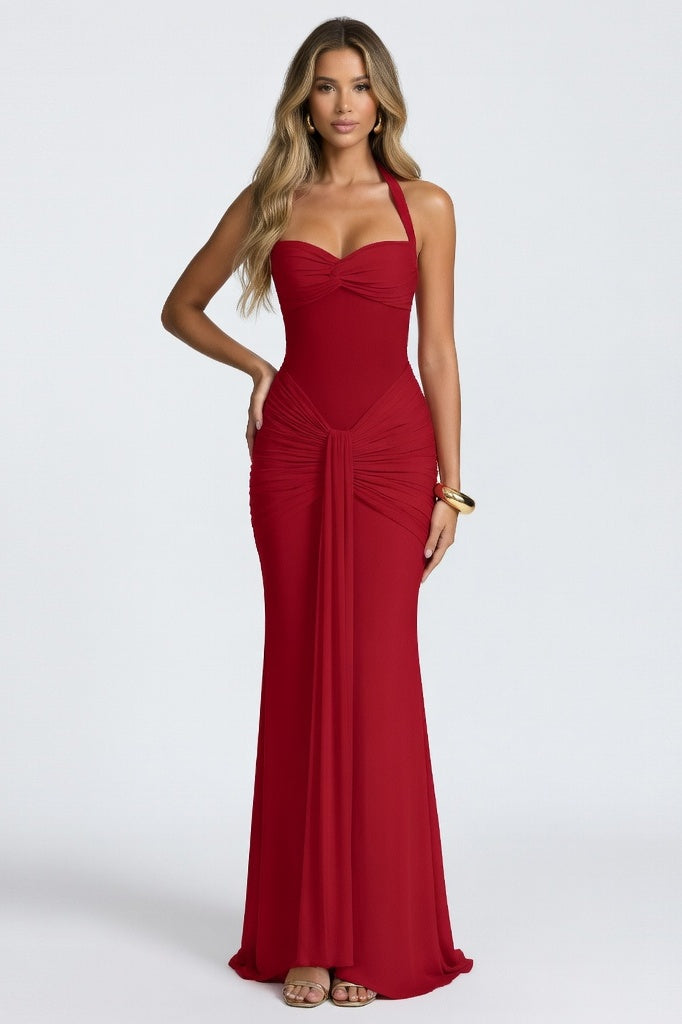 Halter Neck Maxi Dress — Red