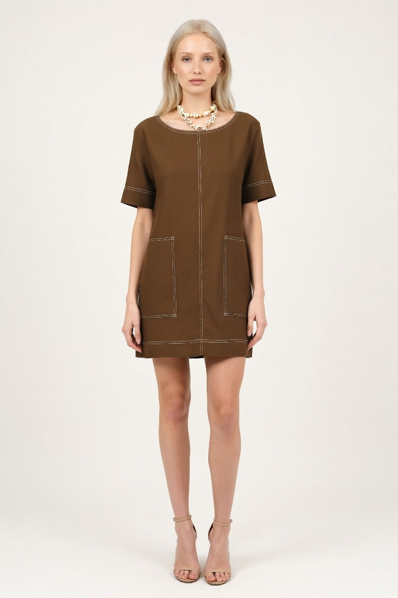 Casual Dress with Pocket Detail — Coffee Brown