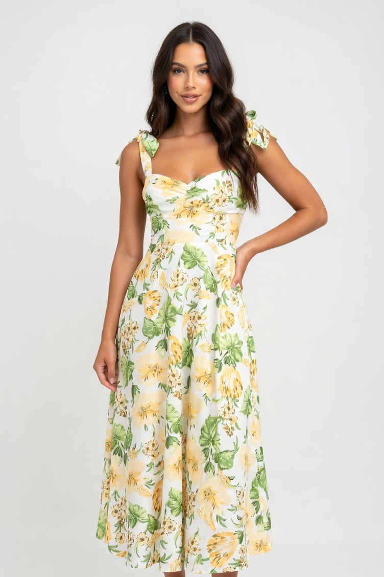 Halter Floral Midi Dress — Yellow