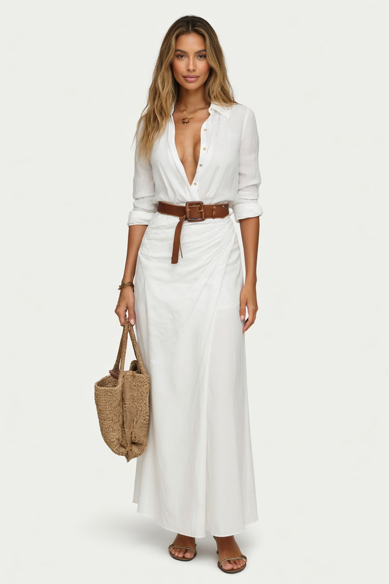 V-Neck Waist-Cinching Dress — front view