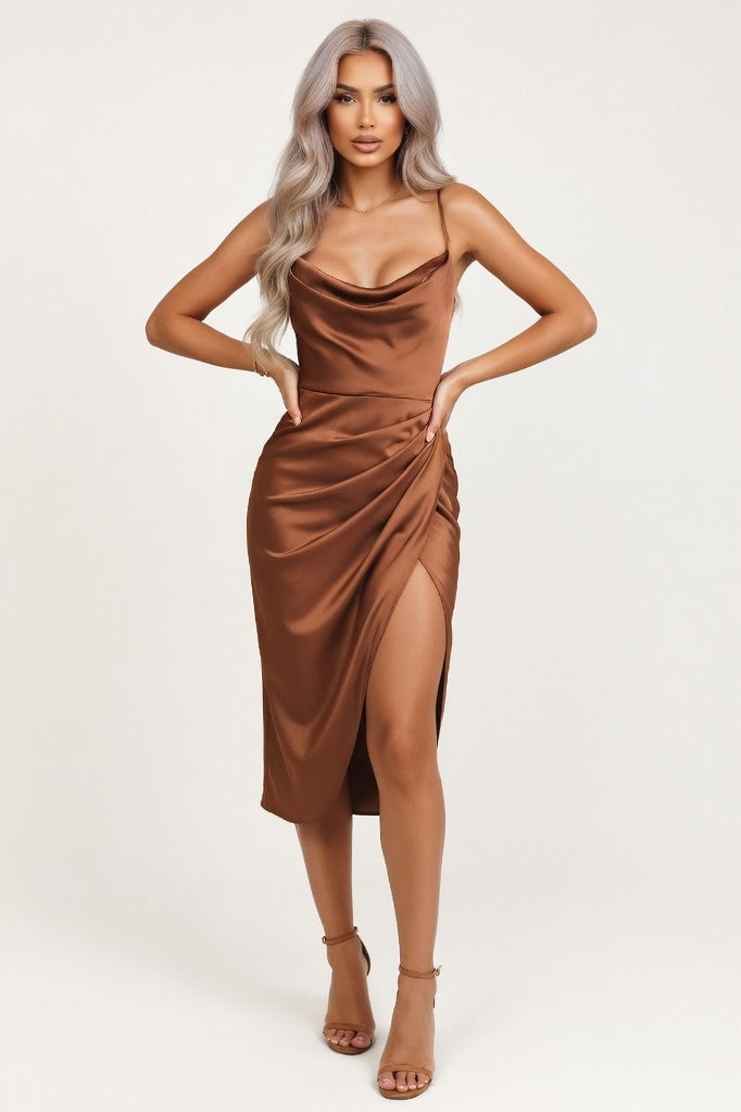Satin Slip Dress with Side Split — Brown