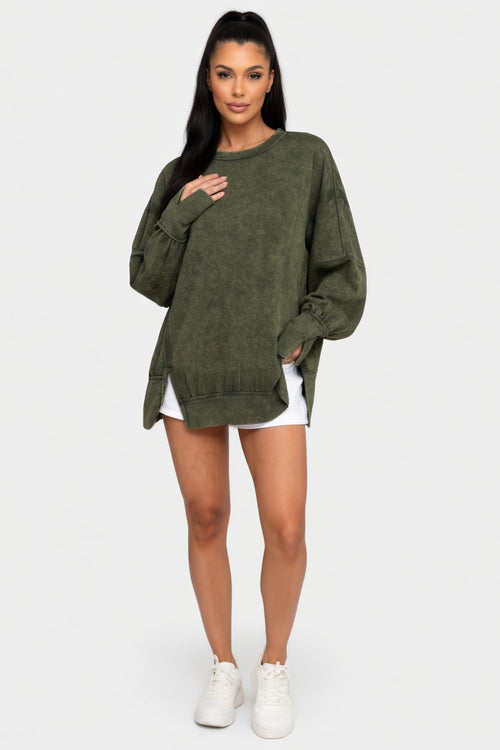 Washed Cotton Sweatshirt with Decorative Line Detail — front view