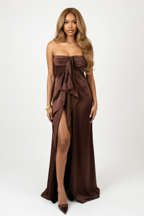 Satin Midi Dress — Red Brown