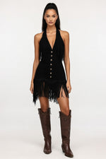 Fringed Suede Western Dress — Black