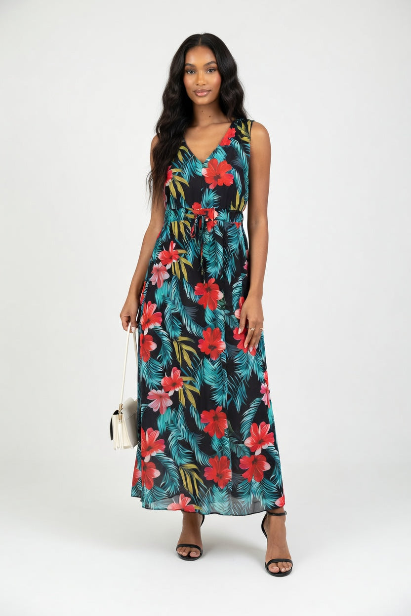 Printed Open Back Strap Dress — Red Floral Print