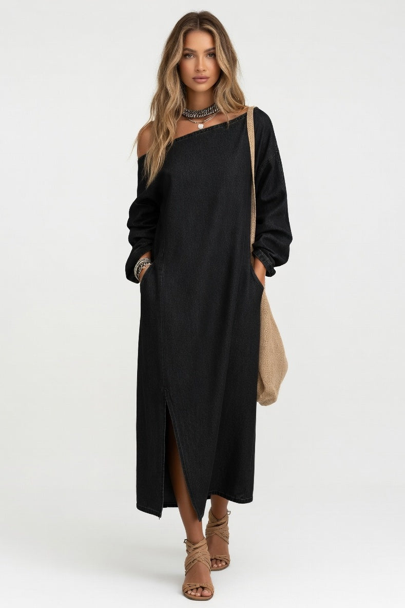 Off-Shoulder Slit Maxi Dress — Black