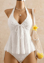 Lace Halter Swimsuit with Ruffle Detail — White — colour variant