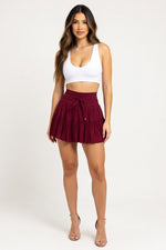 High-Waist Lace-Up Mesh Pleated Mini Skirt — Burgundy