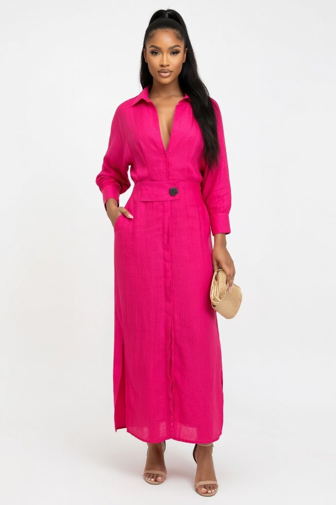 V-Neck Shirt Dress — Rose Red