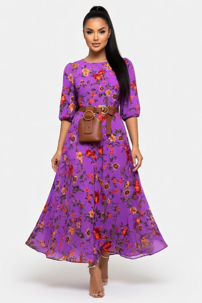 Chiffon Floral Maxi Dress — Purple