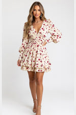 Printed Pleated V-Neck Dress — Cream