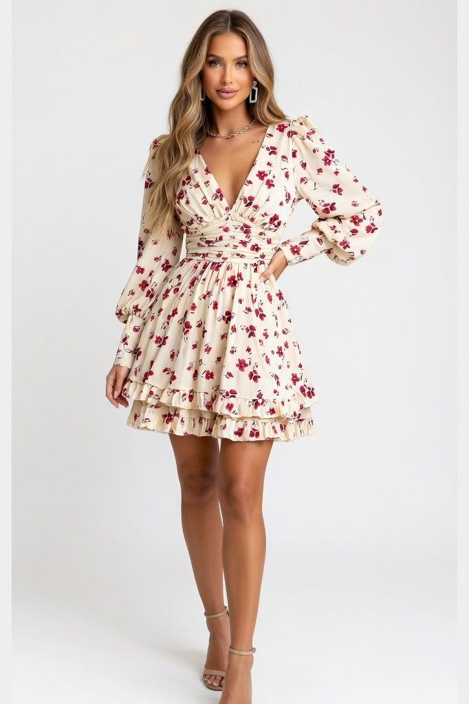 Printed Pleated V-Neck Dress — Cream