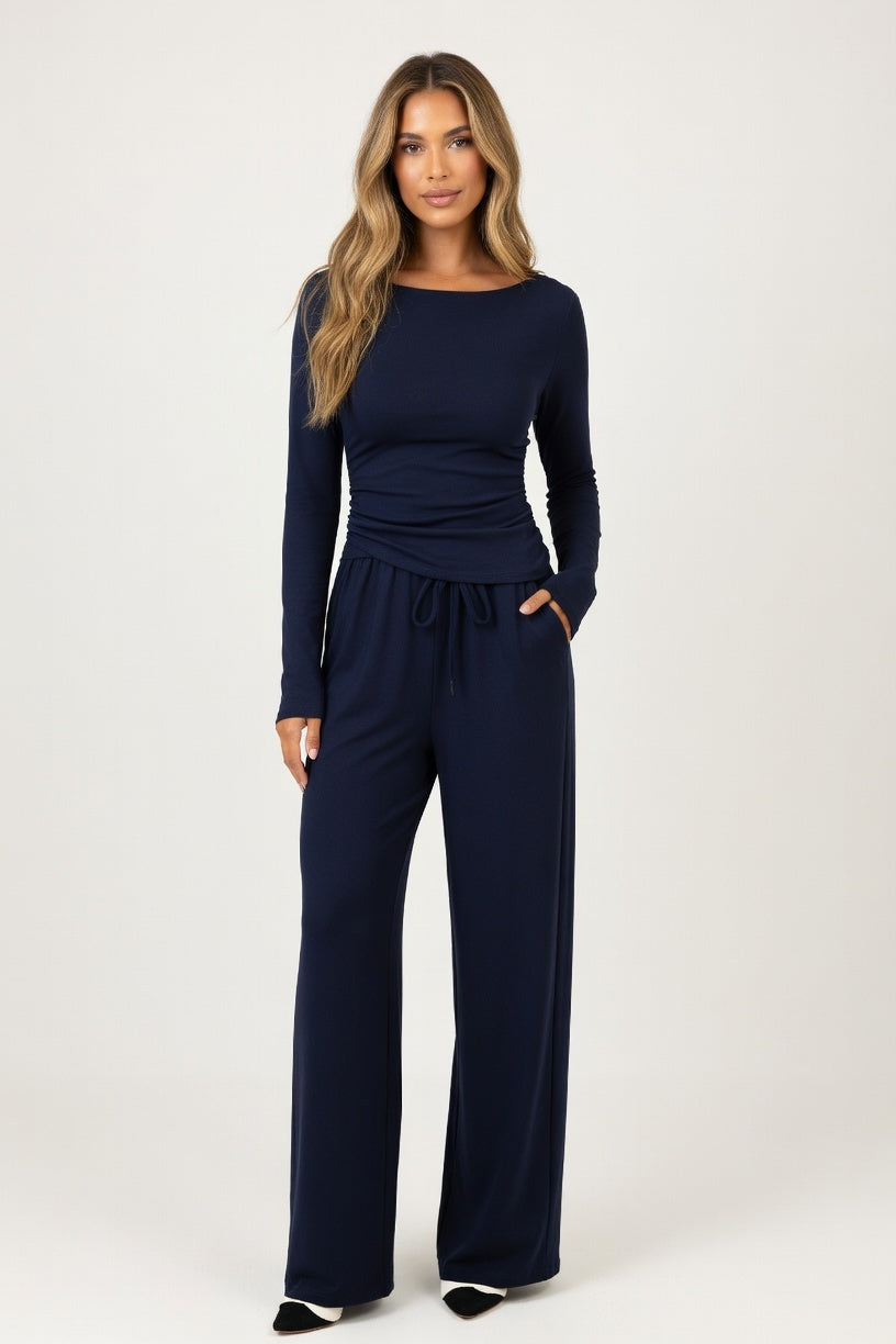 V-Neck Co-ord Set Wide Leg — Navy