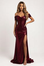 Sequined Off-Shoulder Slit Dress — Burgundy