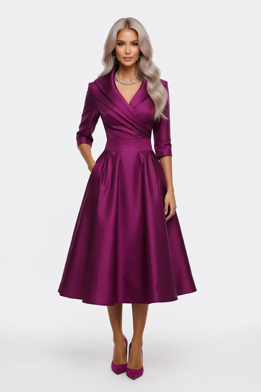 Satin Waist-Tie Midi Dress — Purple