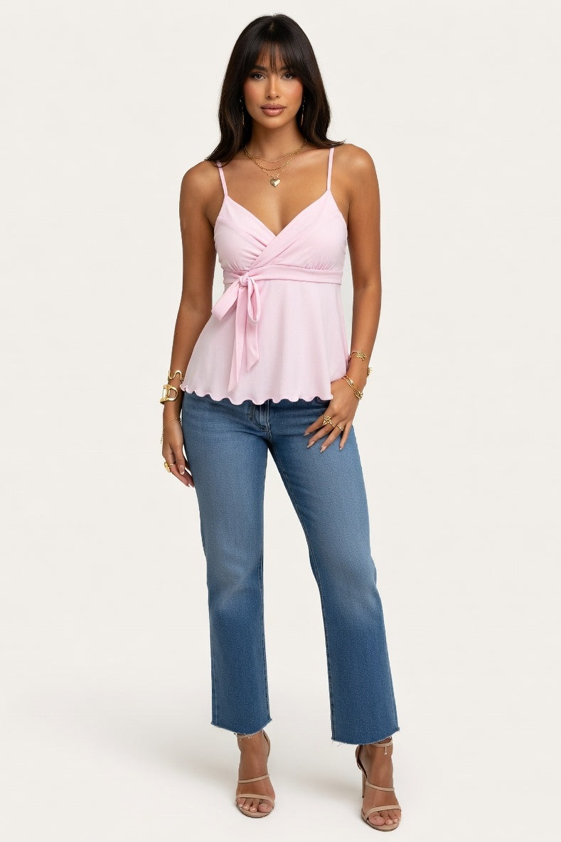 V-Neck Lace-Up Camisole Top — Pink